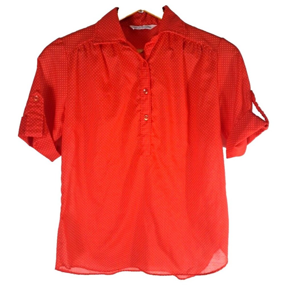 VTG Women's Miss Fashionality Top 1960s Roll Tab Sleeve Red Polka Dot USA 9/10